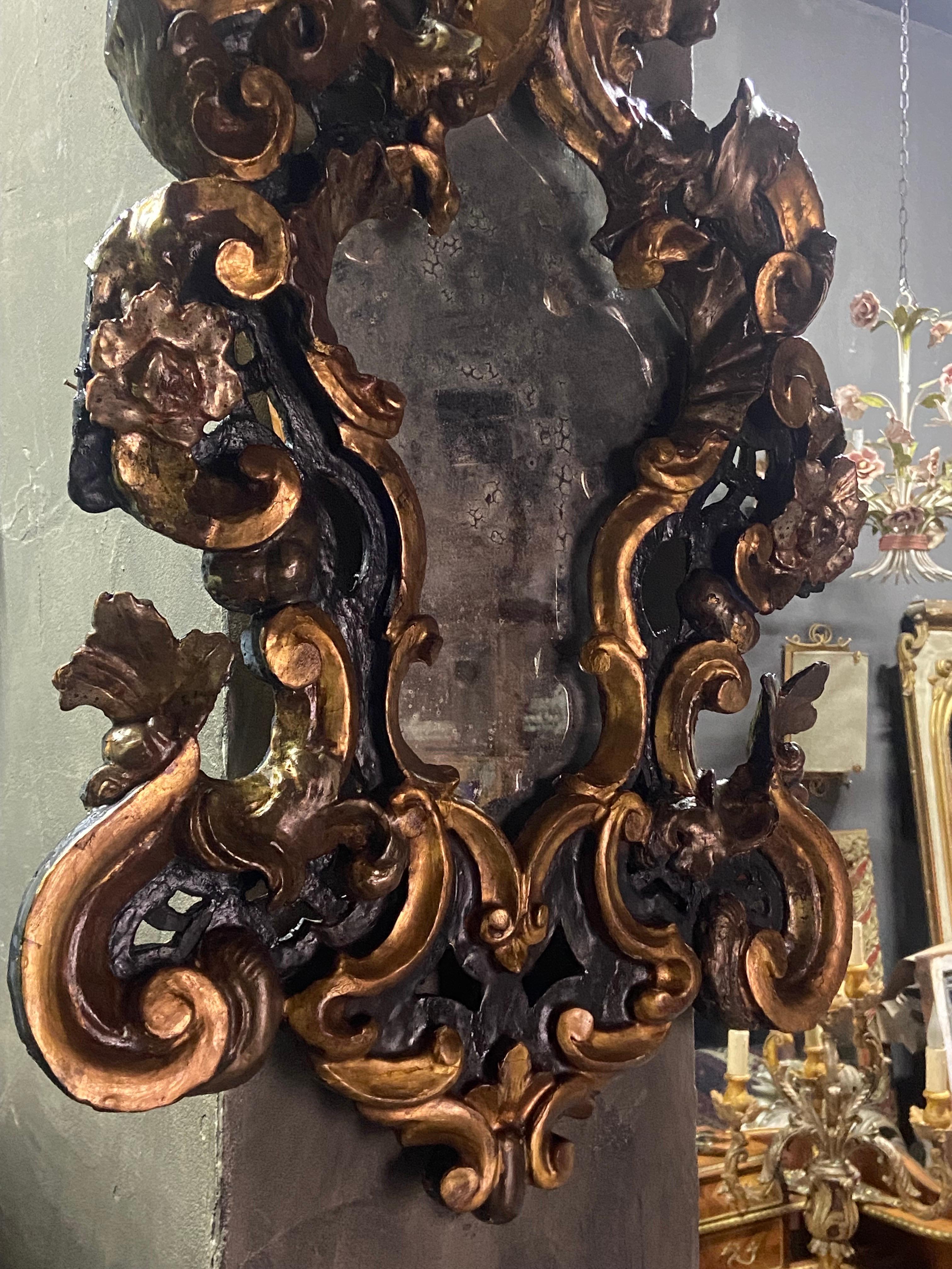 Rococo 18th Century Antique Italian Hand Carved and Painted Wall Mirror For Sale
