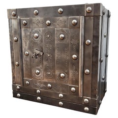18th Century Antique Italian Wrought Iron Studded Antique Safe Strongbox