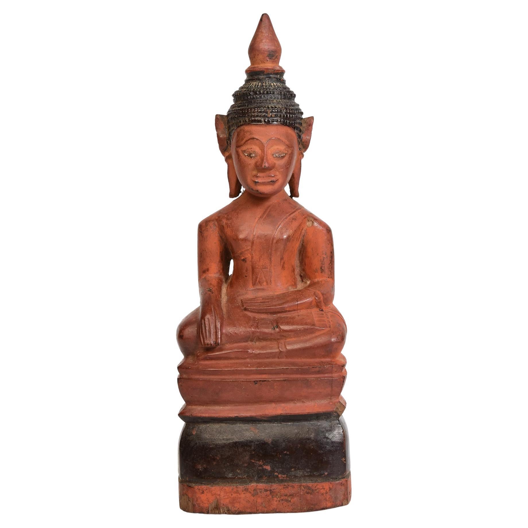 18th Century, Antique Khmer Wooden Seated Buddha