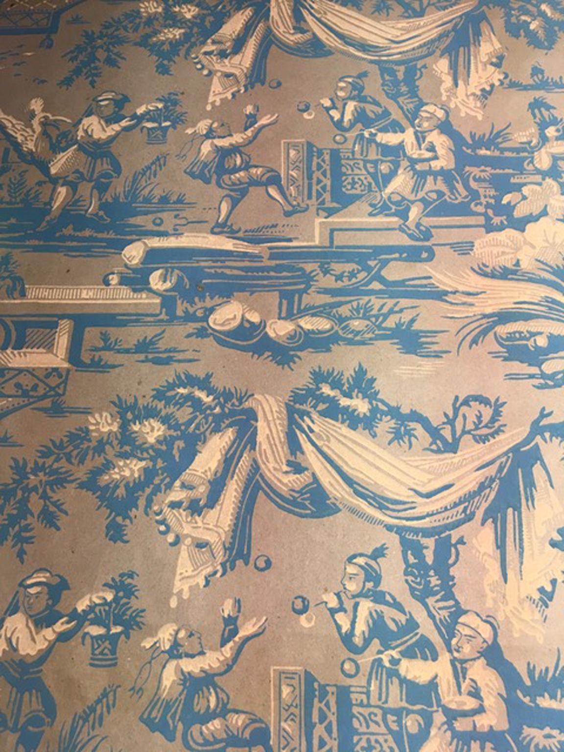 Papier peint français du 18ème siècle avec scènes de paysage de couleur turquoise en vente 8