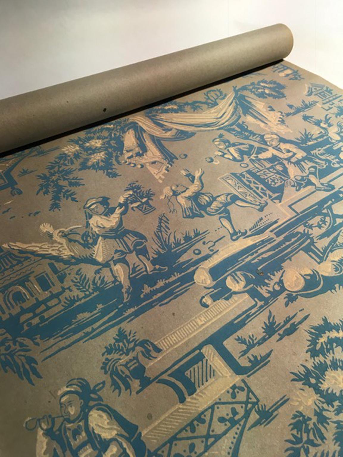 Papier peint français du 18ème siècle avec scènes de paysage de couleur turquoise en vente 9