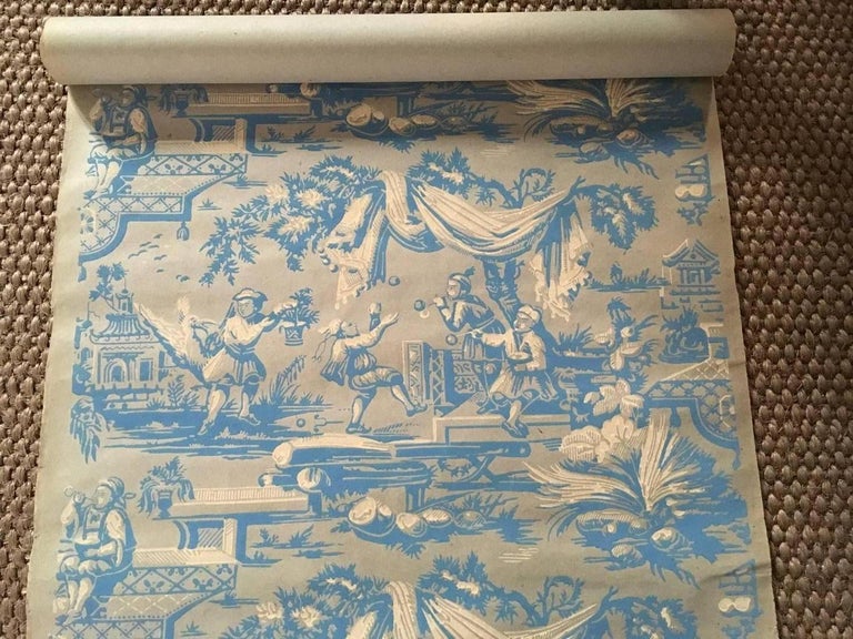 France 18th Century Wallpaper with Landscape Scenes in Turquoise Color