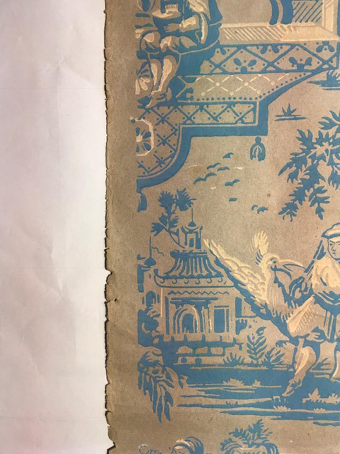 France 18th Century Wallpaper with Landscape Scenes in Turquoise Color In Good Condition For Sale In Brescia, IT