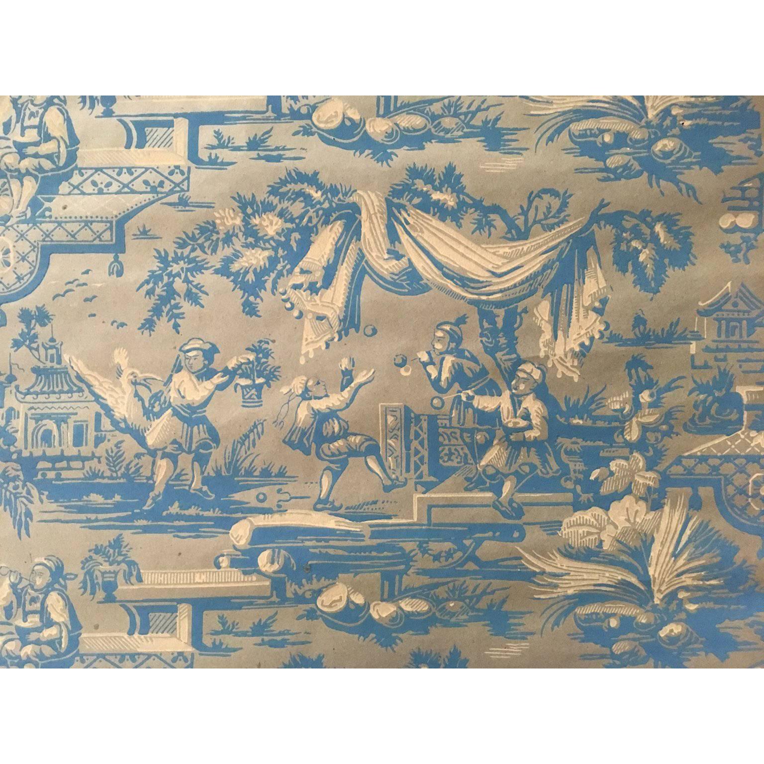 France 18th Century Wallpaper with Landscape Scenes in Turquoise Color