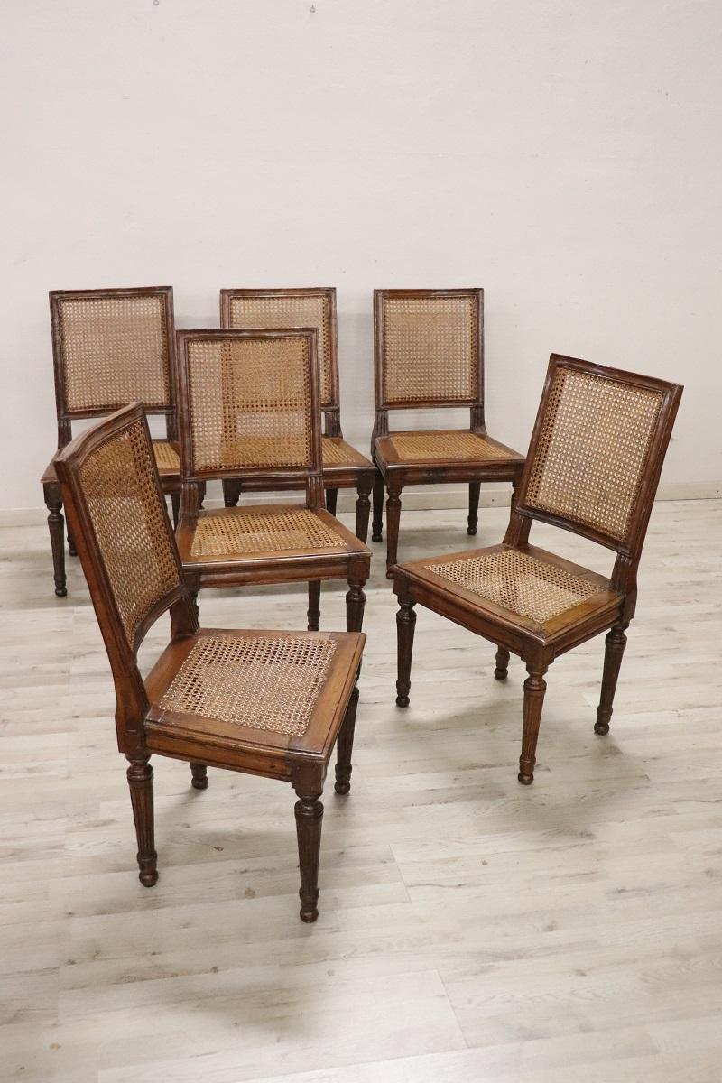 Italian 18th Century Antique Louis XVI Walnut Dining Chairs with Vienna Straw, Set of 6 For Sale