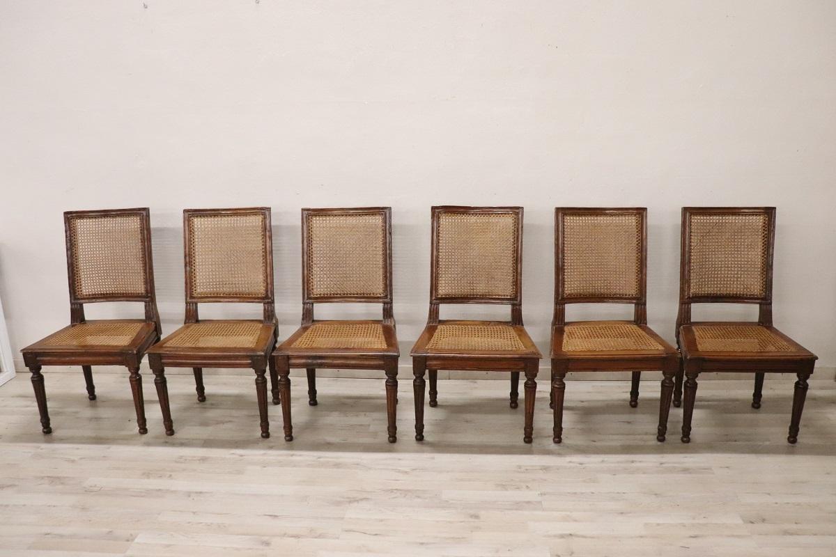 18th Century Antique Louis XVI Walnut Dining Chairs with Vienna Straw, Set of 6 In Good Condition For Sale In Casale Monferrato, IT