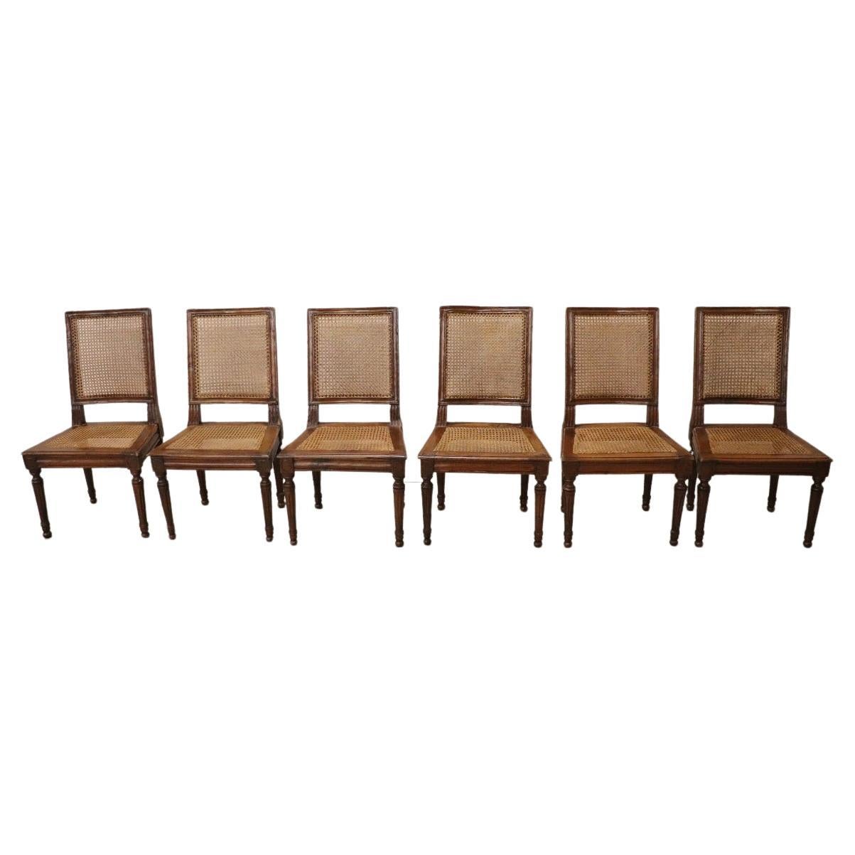 18th Century Antique Louis XVI Walnut Dining Chairs with Vienna Straw, Set of 6 For Sale