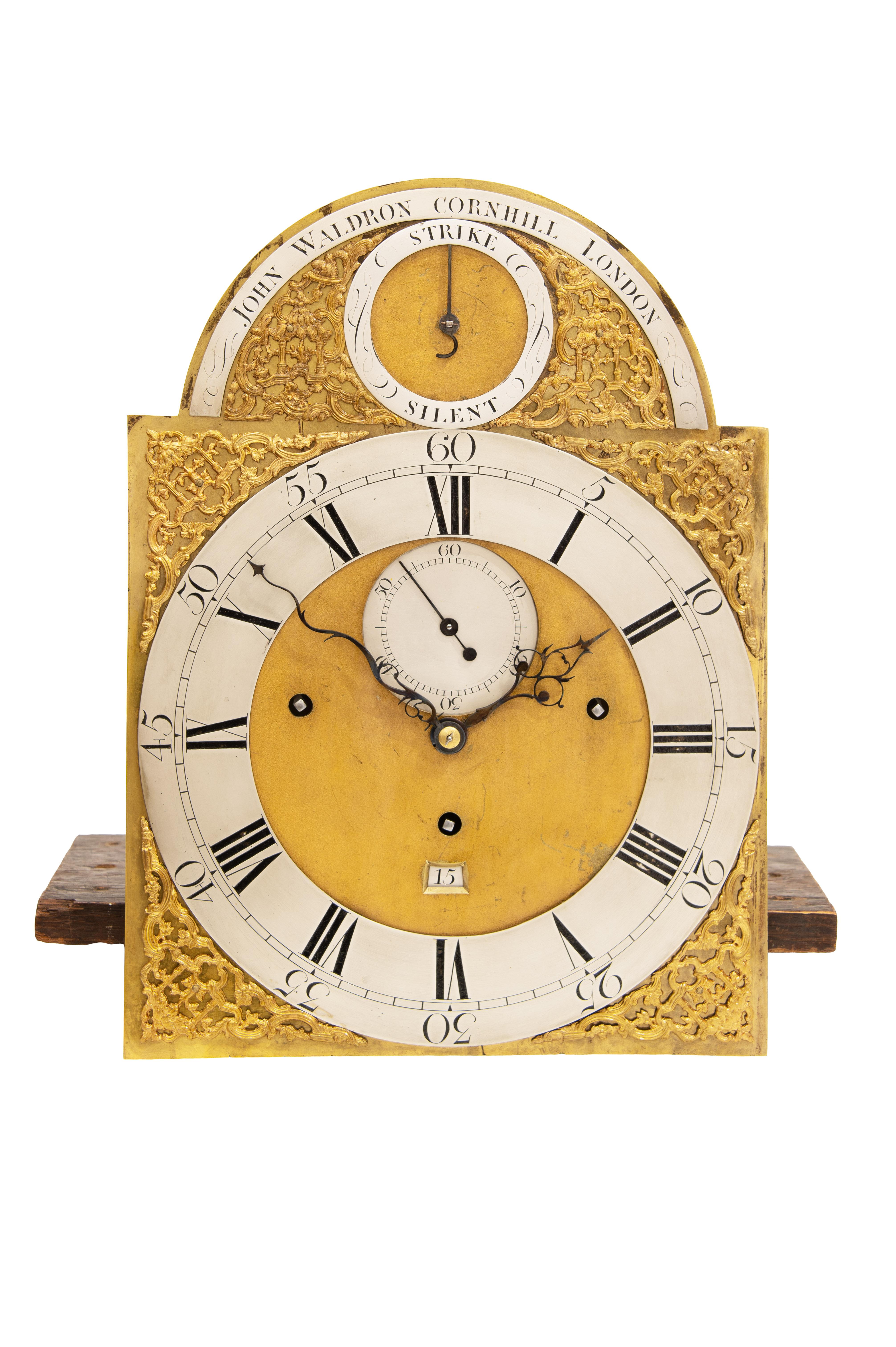 Veneer 18th Century Antique Mahogany Quarter-Striking Longcase Clock by John Waldron For Sale