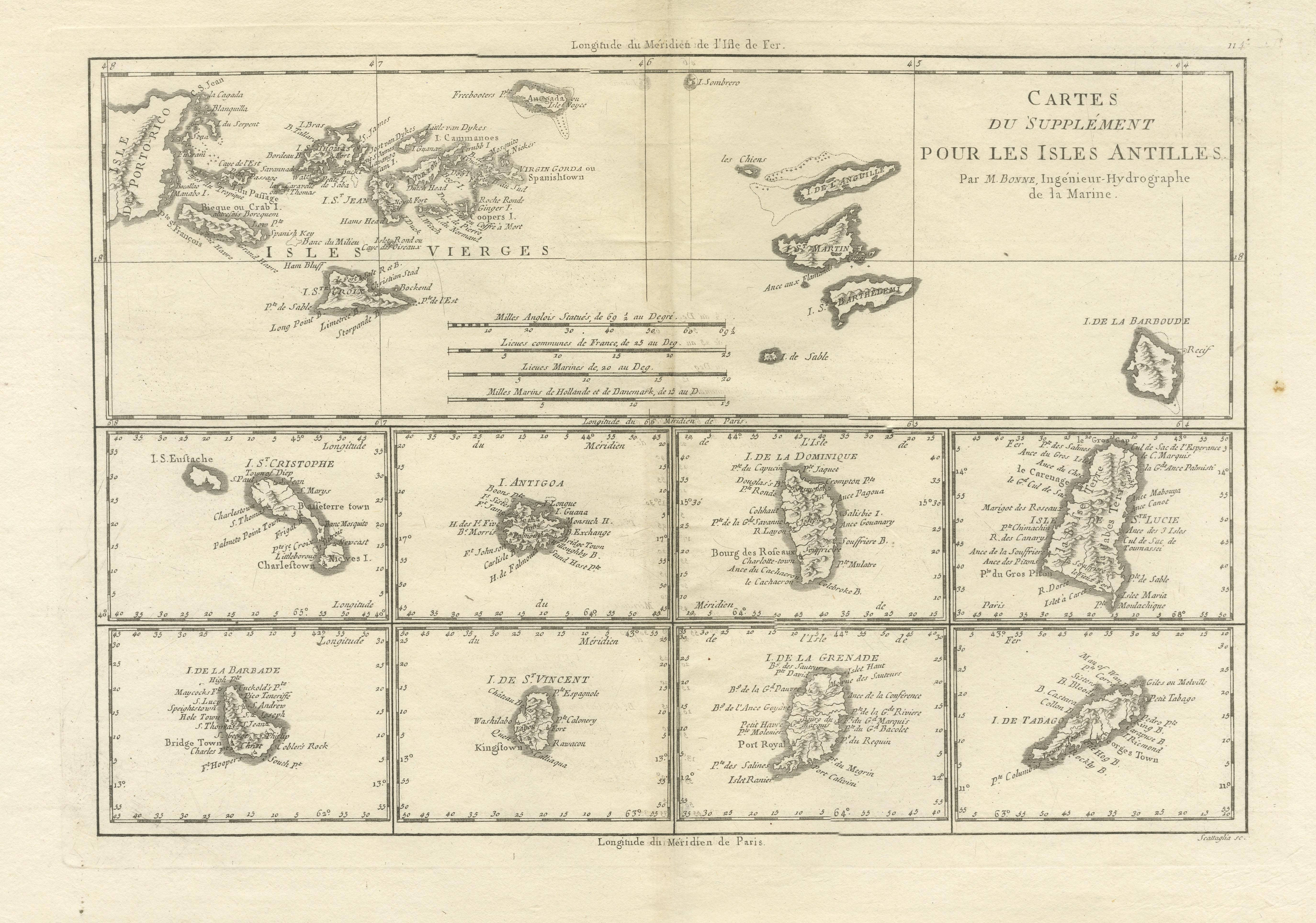 Paper 18th Century Antique Map of the Virgin Islands and Caribbean Inset Maps For Sale
