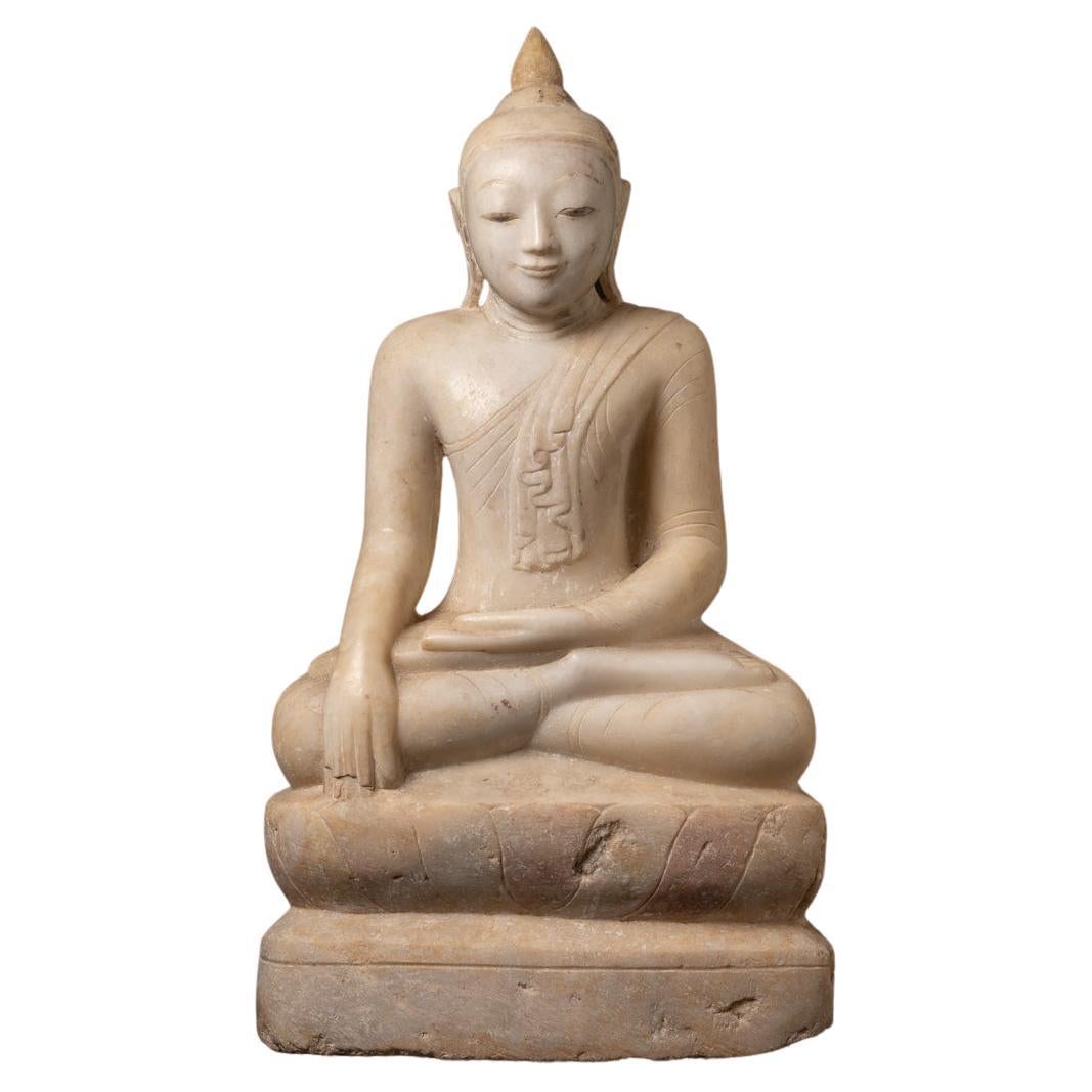 18th century antique marble Burmese Buddha statue in Bhumisparsha Mudra For Sale