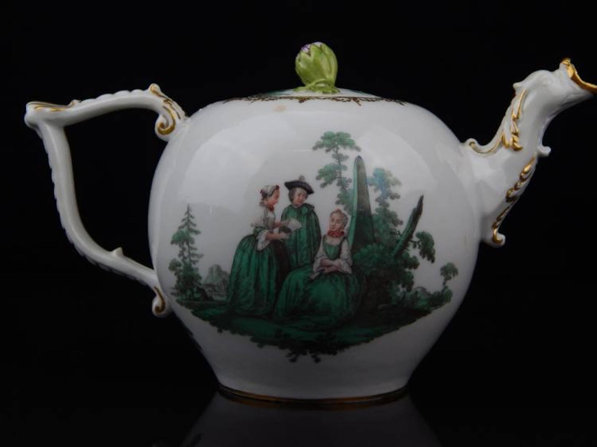 Meissen scenic porcelain tea pot. Measures 7 3/4