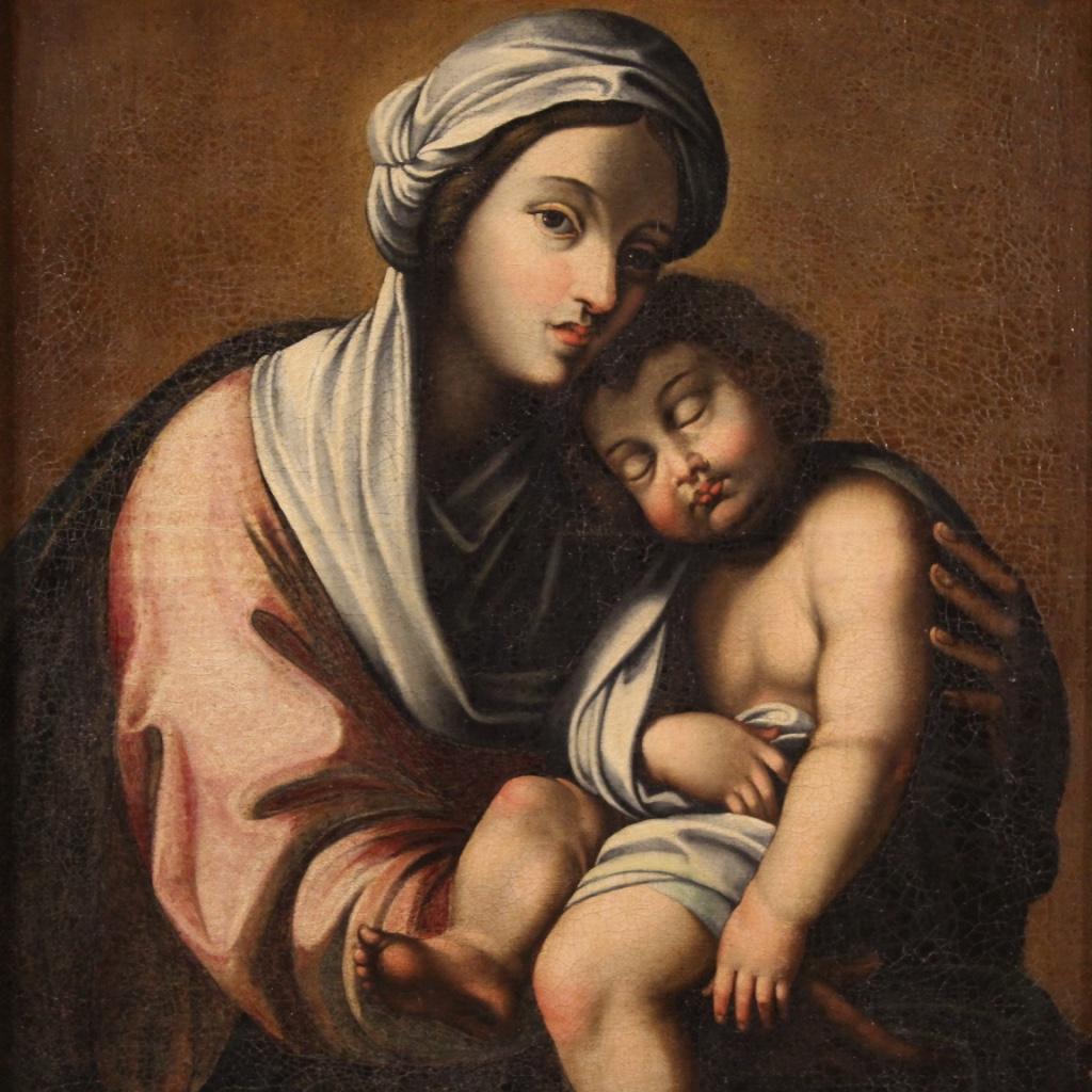 Oiled 18th Century Antique Oil on Canvas Italian Painting Virgin with Child, 1720 For Sale