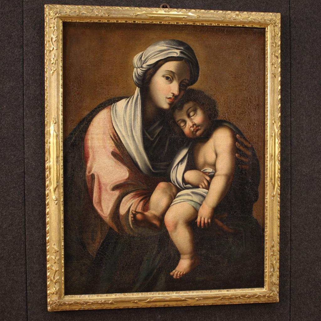 Toile huile ancienne sur toile du 18e siècle Peinture italienne Vierge à l'enfant, 1720 en vente