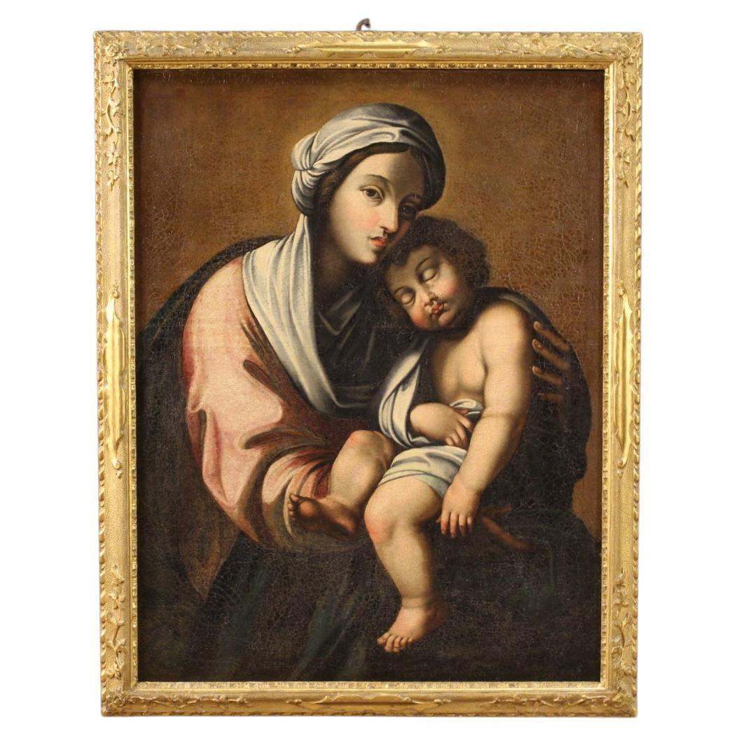 18th Century Antique Oil on Canvas Italian Painting Virgin with Child, 1720