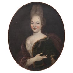 18th Century Antique Oil on Canvas Painting Oval Portrait of a Young Noble Lady
