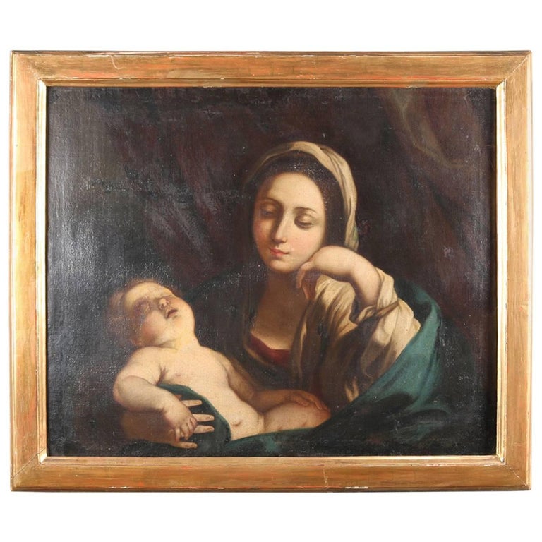 18th Century Antique Oil on Canvas Portrait Painting of the Madonna and ...