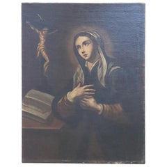 18th Century Antique Oil Painting on Canvas, Virgin Mary in Prayer