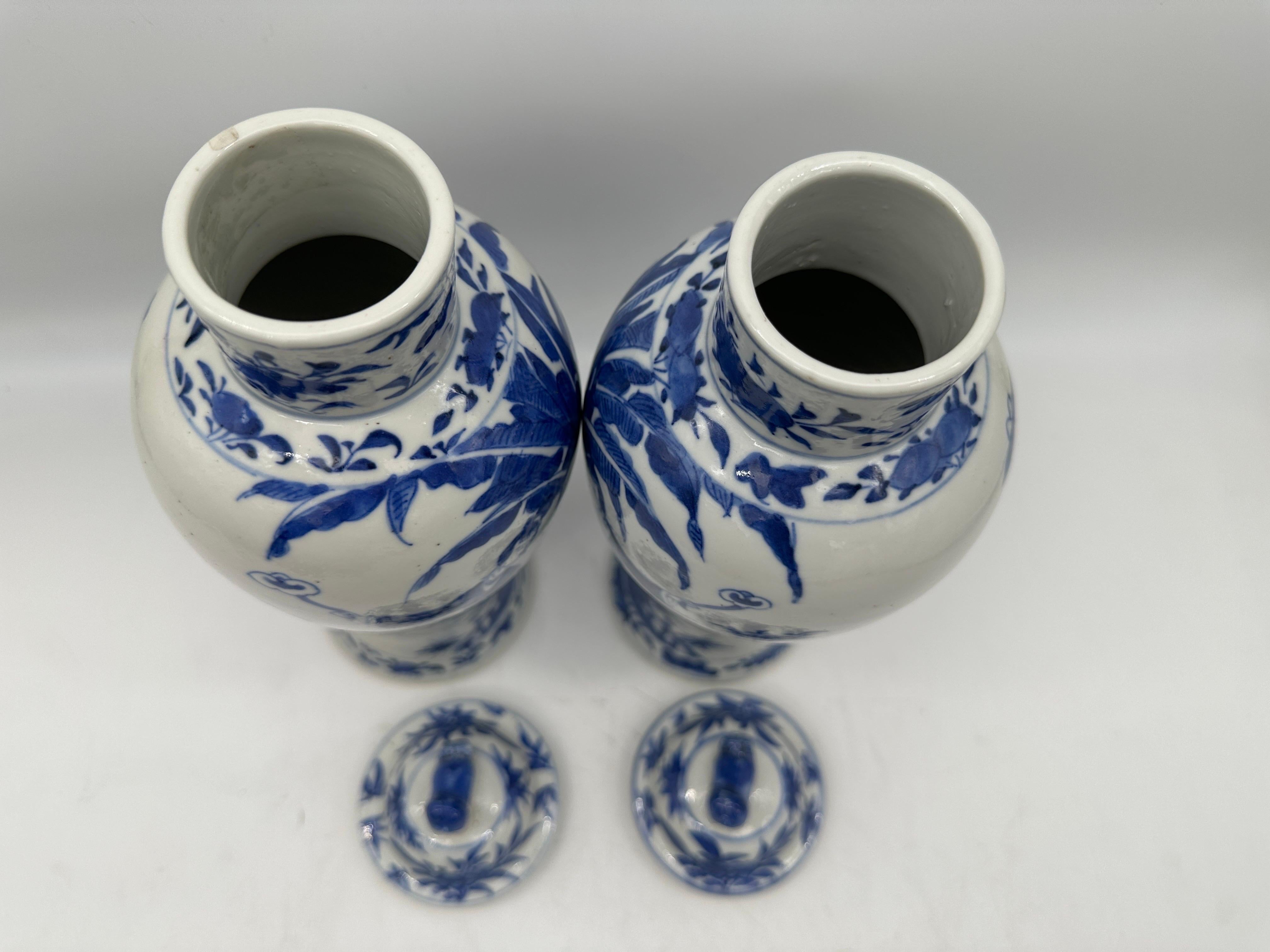 18th Century Antique Pair of Chinese Blue and White Porcelain Jars and Covers For Sale 9