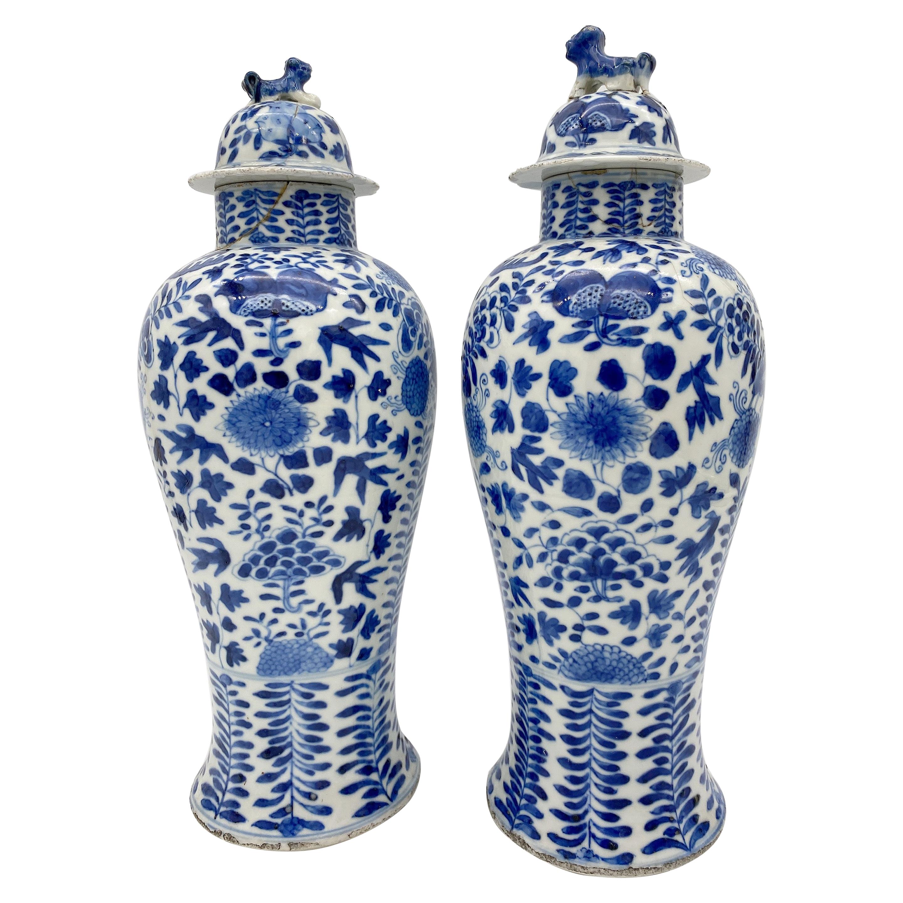 18th Century Antique Pair of Chinese Blue and White Porcelain Jars and Covers