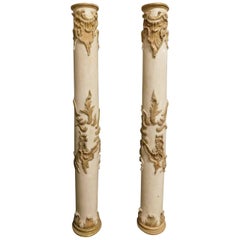 18th Century Antique Pair of Wooden Columns Lacquered with Gilded Sculptures