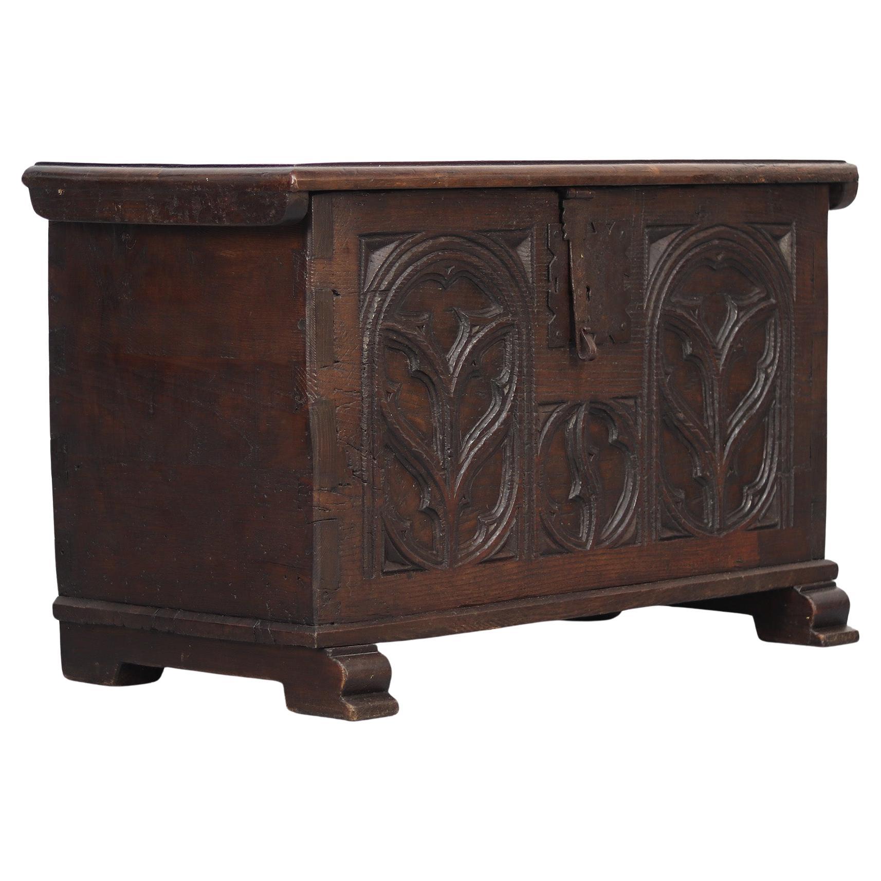 18th Century Antique Primitive Spanish Gothic Oak Chest For Sale