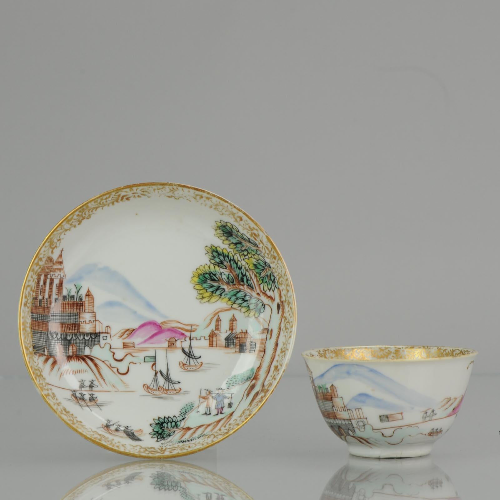 18th Century Antique Rare Cup Saucer Chine De Commande, Western Subjects Meissen In Good Condition For Sale In Amsterdam, Noord Holland