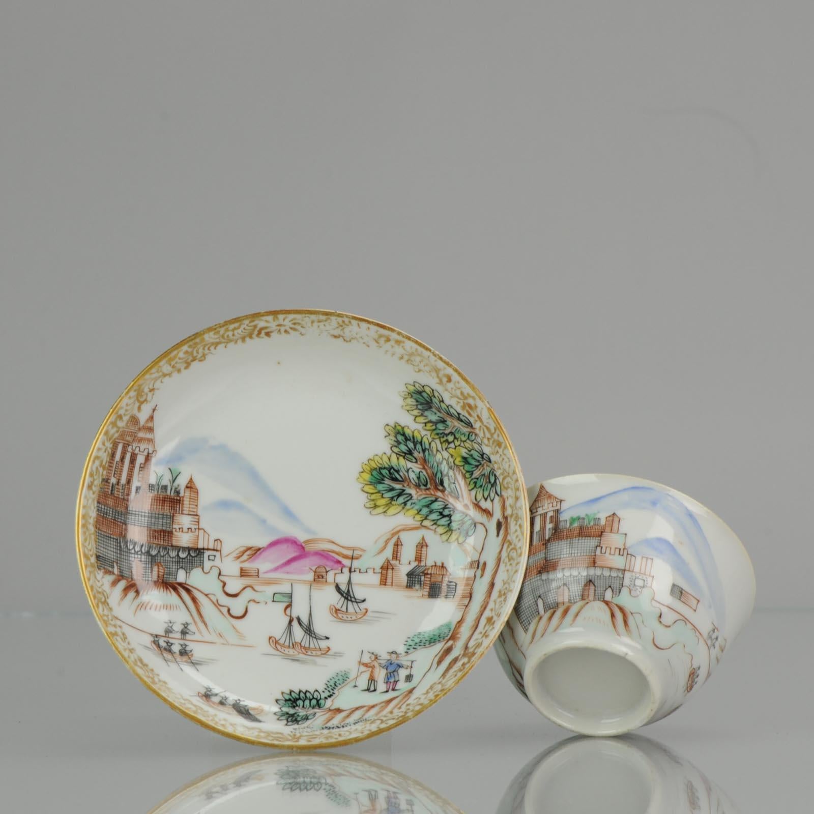 Porcelain 18th Century Antique Rare Cup Saucer Chine De Commande, Western Subjects Meissen For Sale