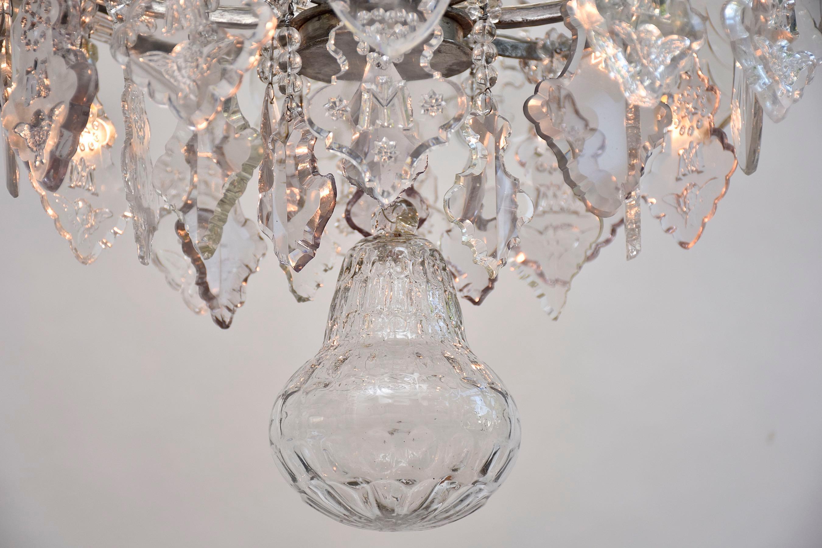 Rococo 18th century antique silvered candle cage crystal chandelier in style of Karl VI For Sale