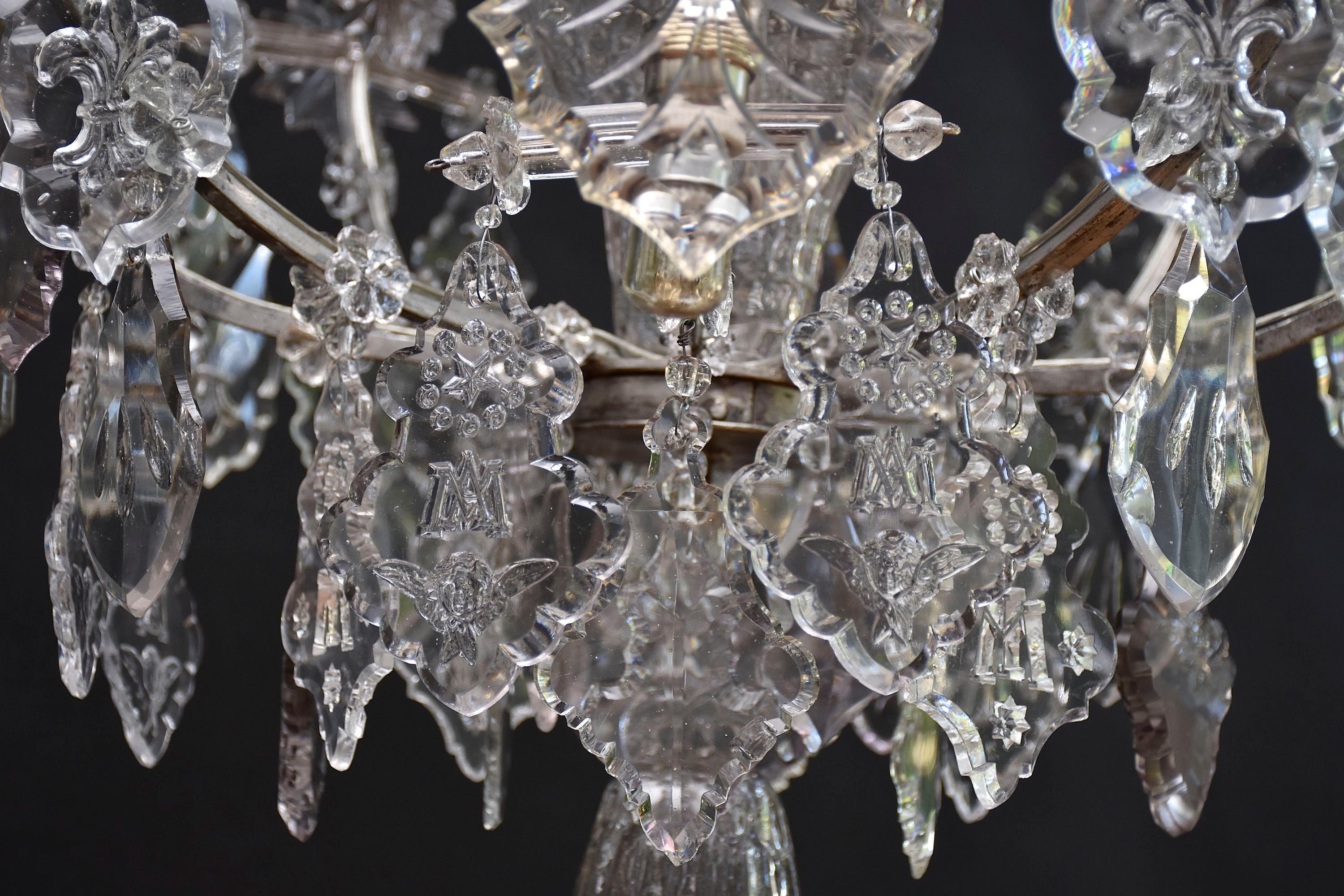 Metal 18th century antique silvered candle cage crystal chandelier in style of Karl VI For Sale