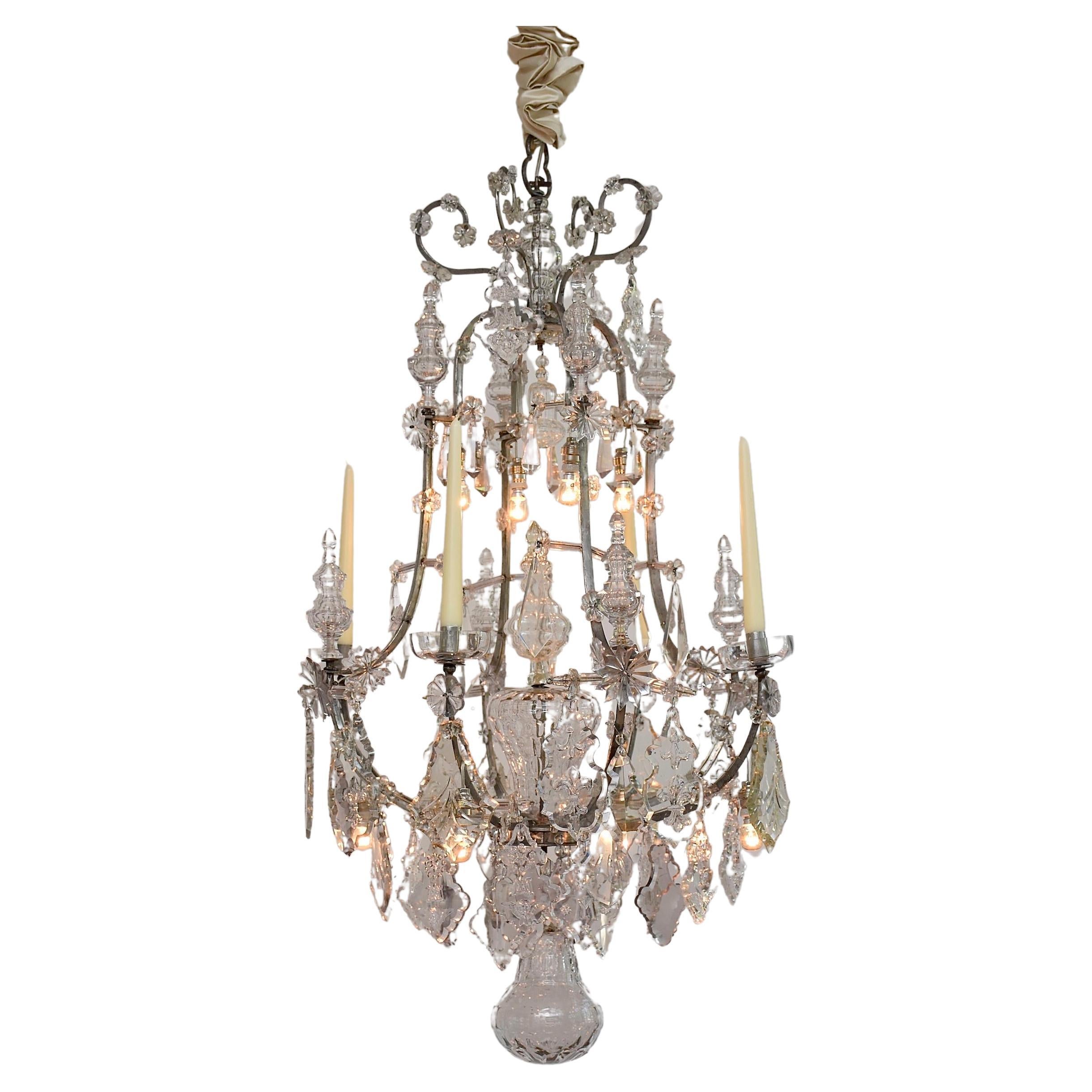 18th century antique silvered candle cage crystal chandelier in style of Karl VI For Sale