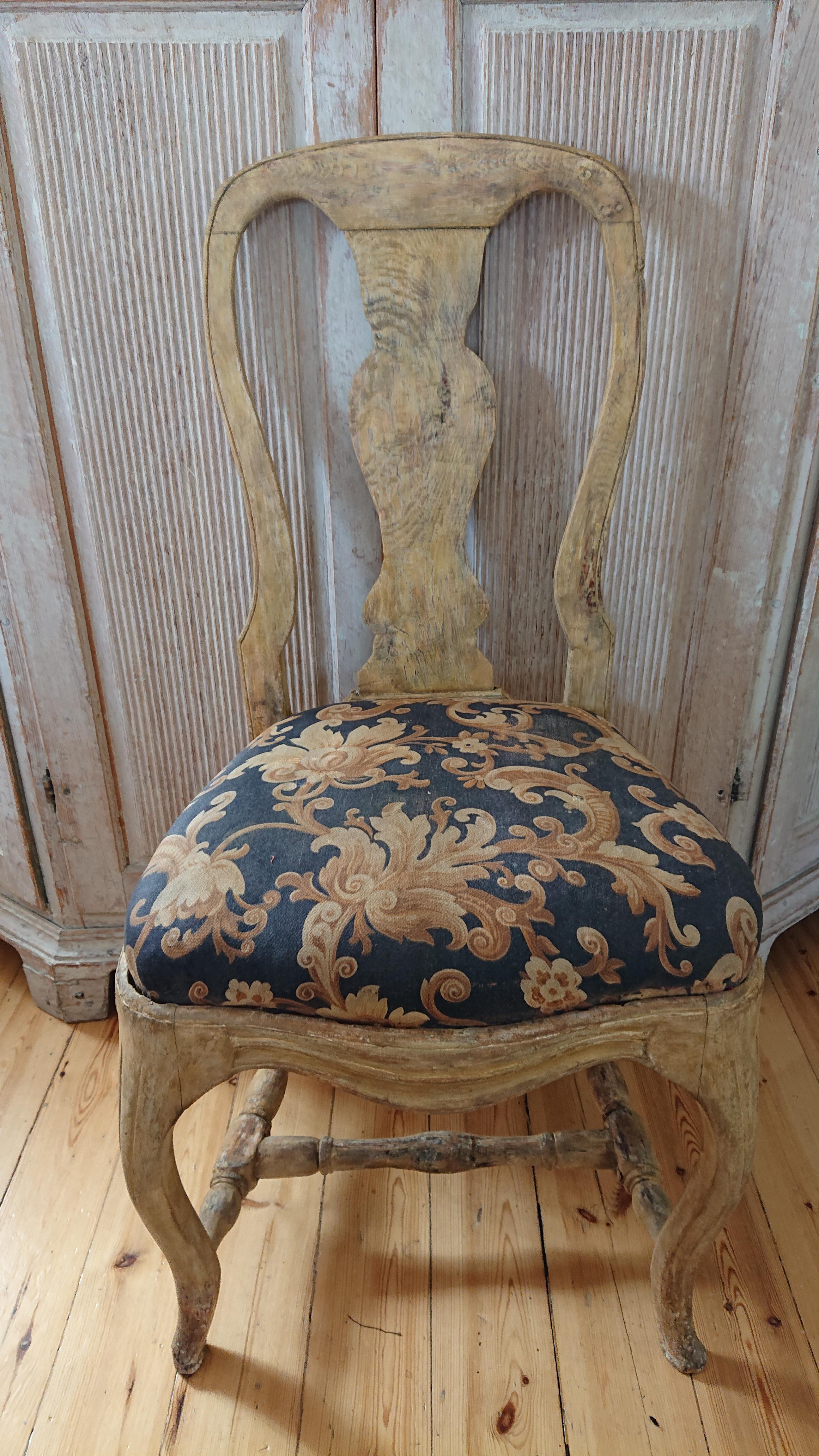 Fine 18th Century Swedish Roccoco chair with marks of (The Swedish Royal Treasury) HGK 
It comes from the upper class environment.
A fantastic chair with nice proportions & curvy legs.
Scraped by hand to its original color with retouches.
The