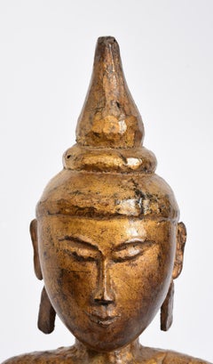 18th Century, Antique Tai Lue Burmese Wooden Seated Buddha with Gilded Gold