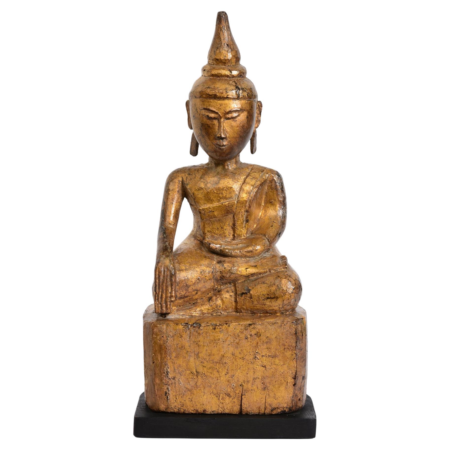 18th Century, Antique Tai Lue Burmese Wooden Seated Buddha with Gilded Gold