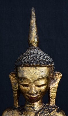 18th Century, Antique Tai Yai Burmese Wooden Seated Buddha with Gilded Gold