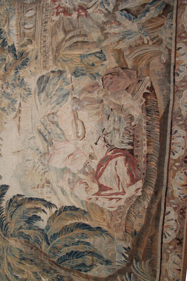 Coussin Tapisserie Brodé Main - Motif Palmiers Chinoiserie - Laine Et Velours - 15.5x15