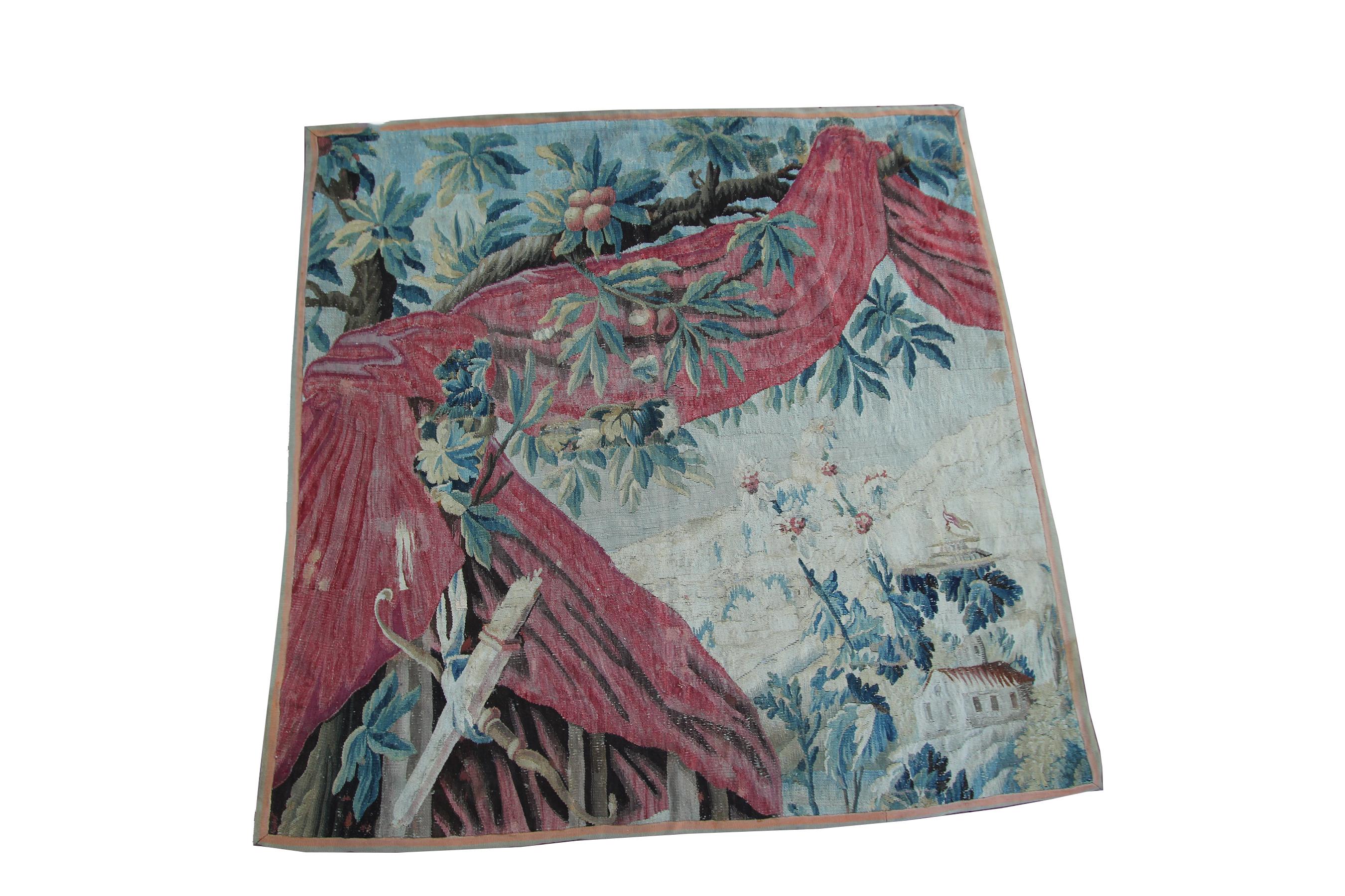 Rare tapisserie flamande ancienne du milieu des années 1800 en laine et soie verte/bleue

5'2' x 5'3