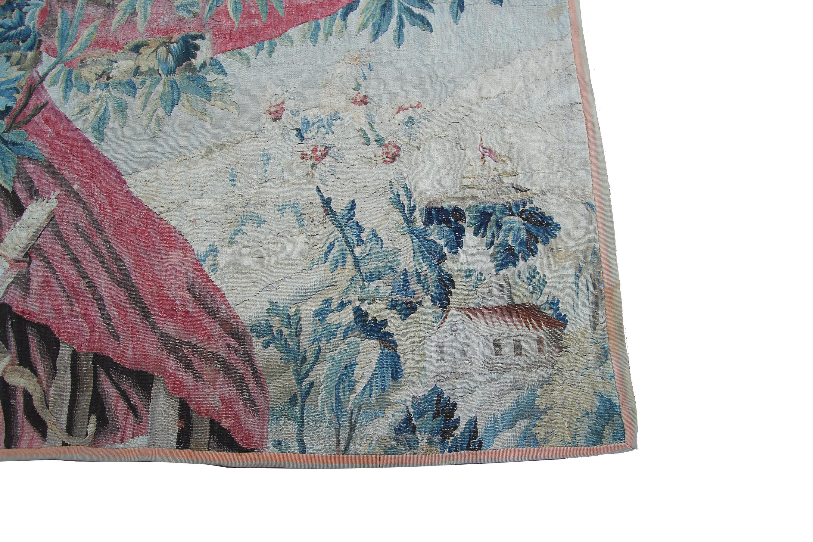 Belgian 18th Century Antique Tapestry Flemish Wool & Silk Handwoven Square Verdure For Sale
