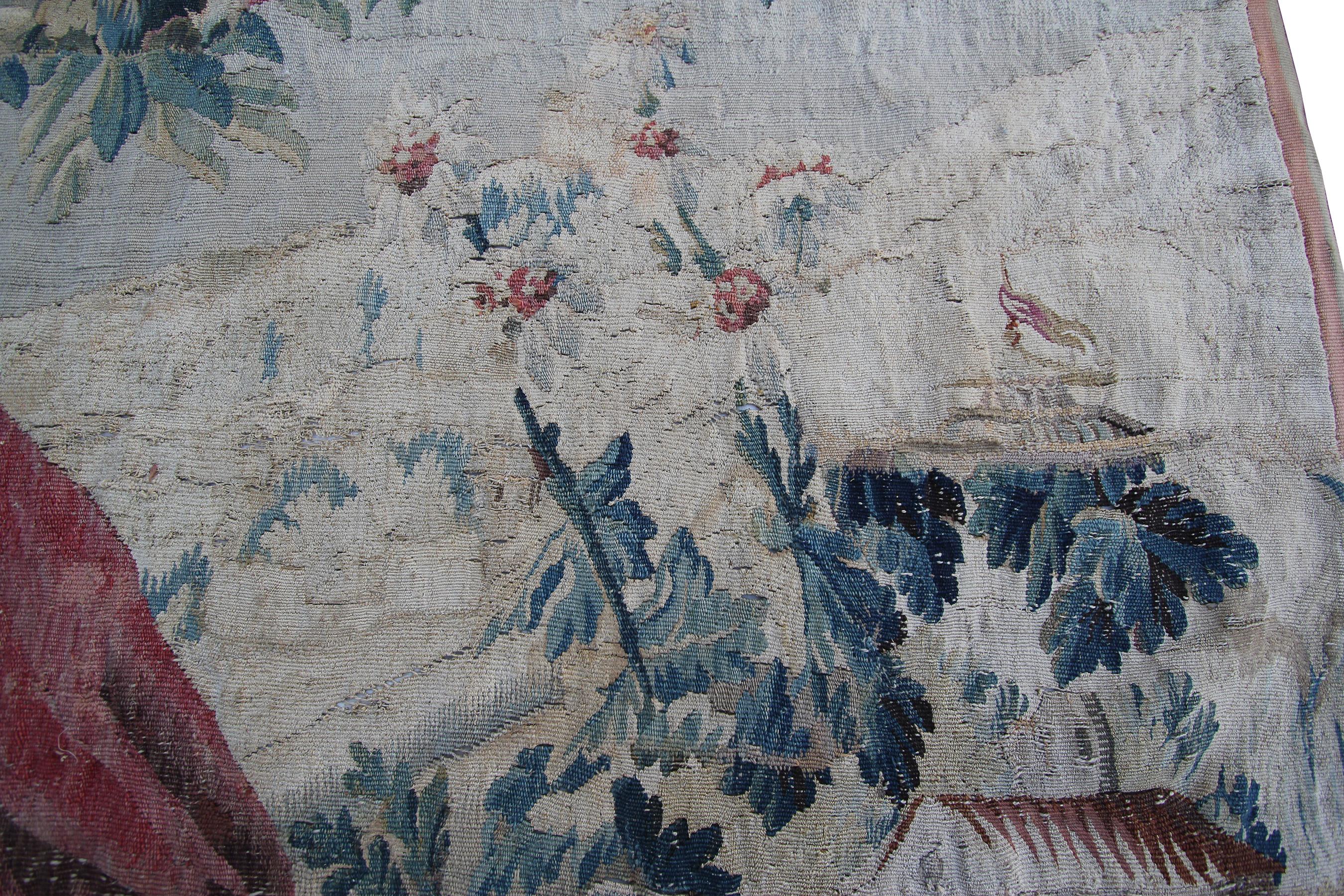 18th Century and Earlier 18th Century Antique Tapestry Flemish Wool & Silk Handwoven Square Verdure For Sale