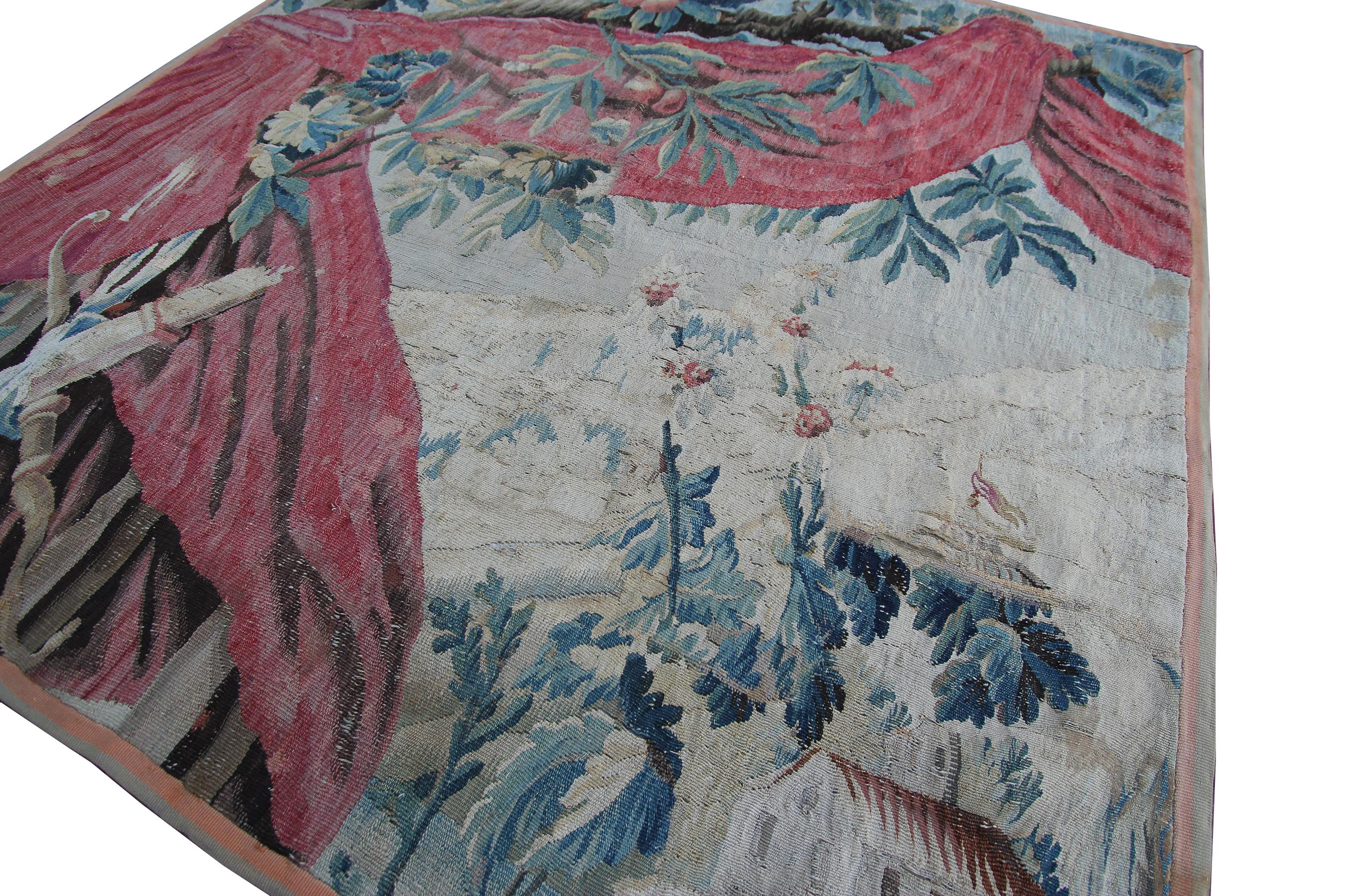 18th Century Antique Tapestry Flemish Wool & Silk Handwoven Square Verdure For Sale 2