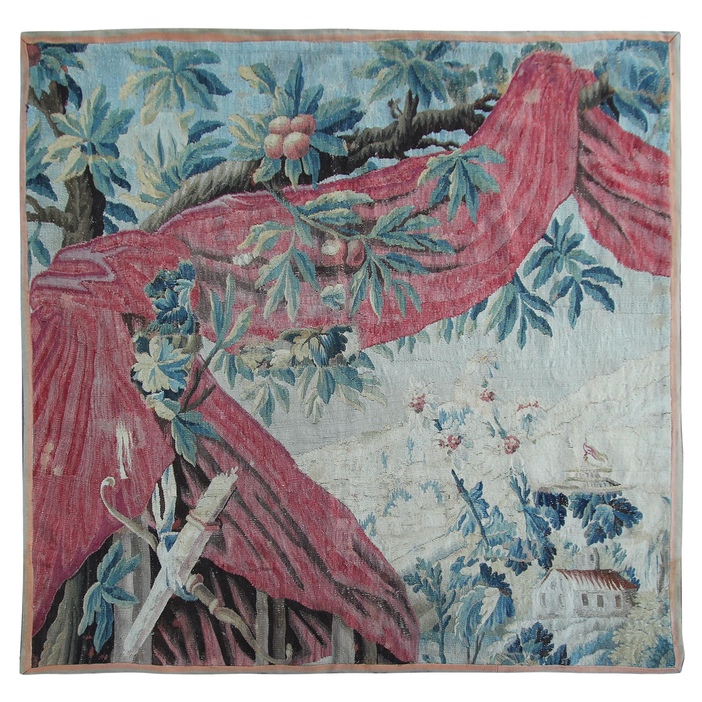 Tapisserie ancienne du 18ème siècle en laine et soie flamande tissée à la main Verdure carré 5x5 en vente