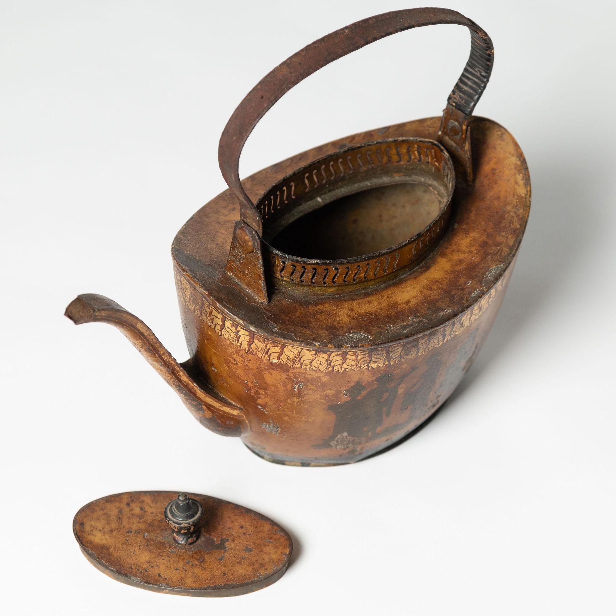 Metal 18th Century antique Tole tea kettle, Dutch, decorative, table decoration  For Sale