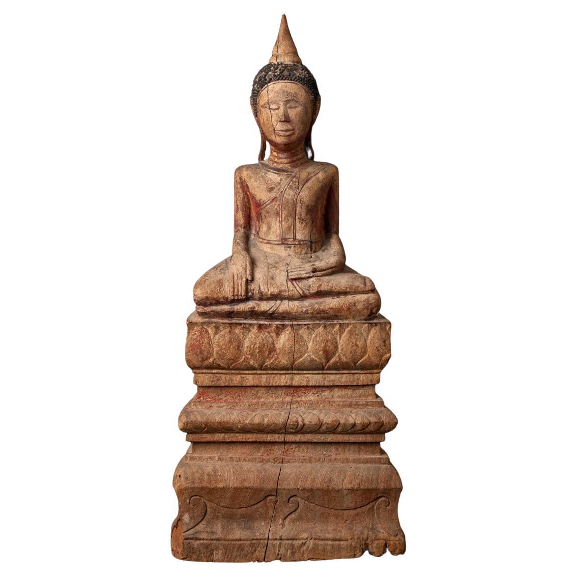 18th century antique wooden Buddha statue from Cambodia in Bhumisparsha mudra For Sale