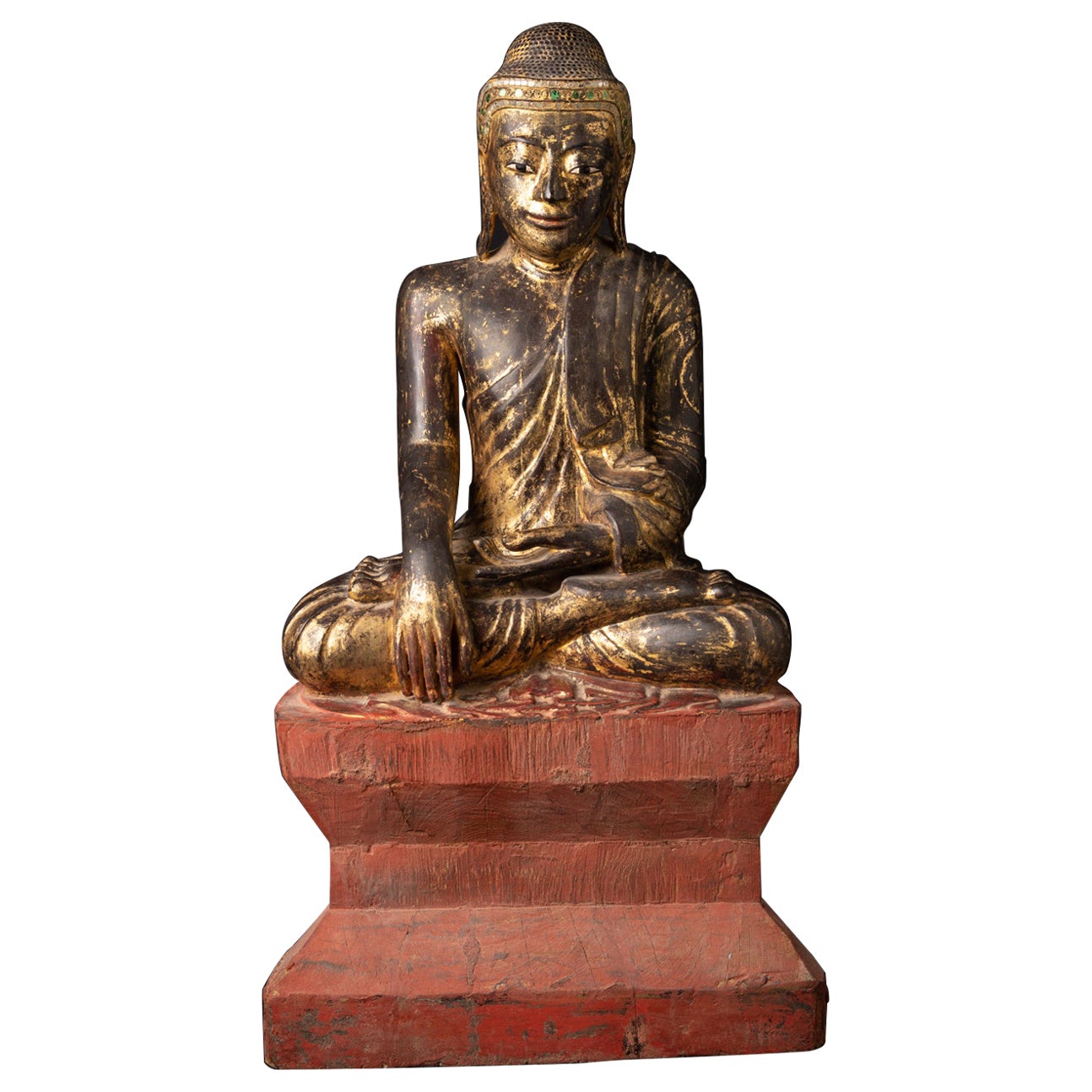 Antike burmesische Buddha-Statue aus Holz aus Burma aus dem 18. Jahrhundert im Angebot