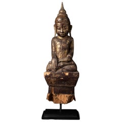 Antico Buddha Shan birmano in legno del XVIII secolo