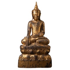 18th century antique wooden Burmese Shan Buddha in Bhumisparsha Mudra 