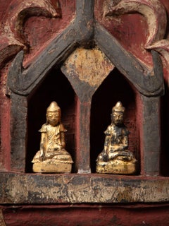 18th century Antique wooden Burmese temple fragment with two Buddha statues