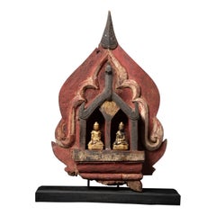 18th century Antique wooden Burmese temple fragment with two Buddha statues