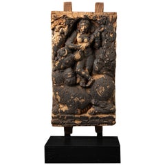 18th century Antique wooden Indian temple panel of the goddess Saraswati from In