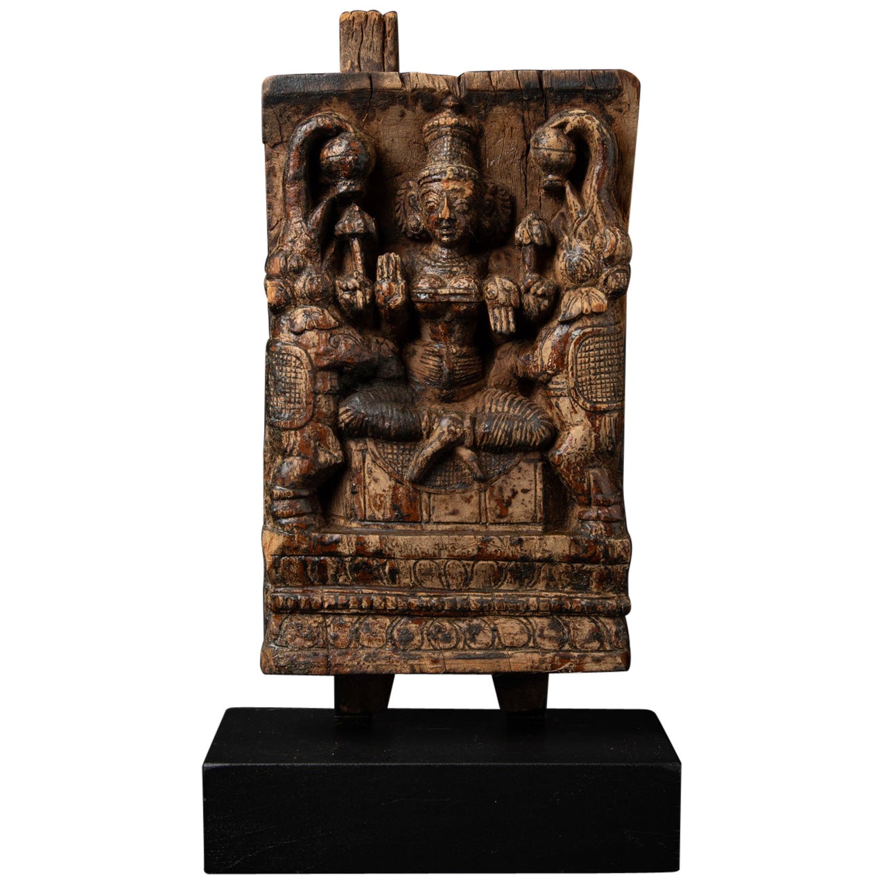 18th century Antique wooden panel of the goddess Lakshmi from India For Sale