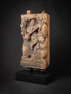 18th century Antique wooden panel of the goddess Saraswati from India